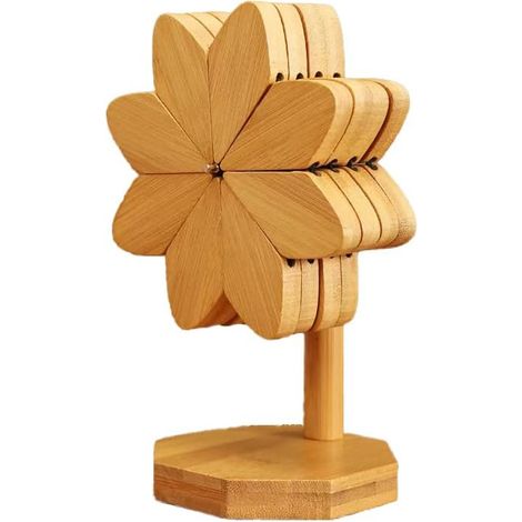 6 dessous de plat en bois, forme moulinet, isolants pour plats chauds, pliables, naturels, avec 1 support (1/5)