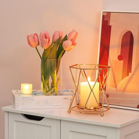 Vase en verre avec support géométrique en métal, bougeoirs dorés pour bougies piliers, bougeoir ouragan de 17 cm de haut, idéal pour la décoration de mariage, salon, bureau ou maison. (1/5)