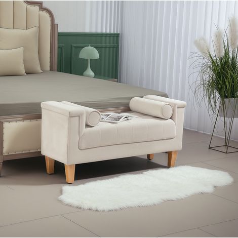 Panca imbottita 115/44/58 cm beige con rivestimento in ciniglia e cuscini per braccioli (1/5)