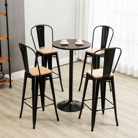Set aus 4 Barhockern im Industriestil mit Rücken- und Fußstütze, Sitzhöhe 76 cm, schwarzes Metall, mehrschichtige Paneele in heller Holzoptik