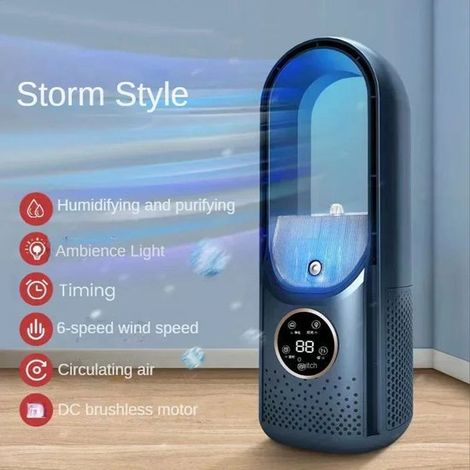6-stufiger, blattloser Ventilator – Tischluftkühler mit Luftbefeuchter – Mini-Klimagerät, tragbar und leise – USB – Blau