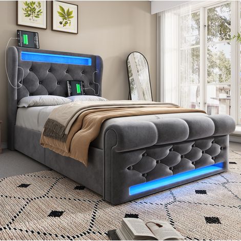 MEUBLIV Lit capitonné simple 90 x 200 cm avec bande LED périphérique station de charge USB et type C coffre hydraulique velours gris (1/5)