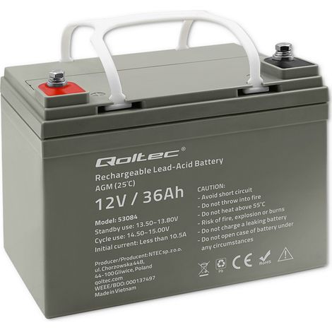 Batería AGM Qoltec, 12 V, 36 Ah, Sin mantenimiento, Eficiente, Larga vida útil, para SAI y scooters (1/5)