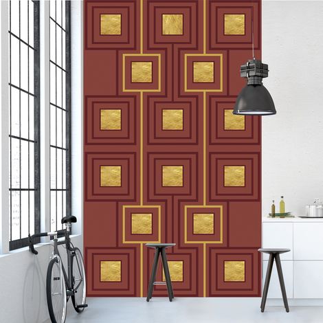 Papier peint intissé sable, design graphisme doré sur fond rouge, 250 cm X 150 cm, photo murale. (1/2)