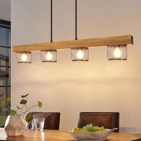 GBLY Vintage Pendelleuchte Holz Hängelampe Esstisch Schwarz Pendelleuchte 4 flammig mit Holzbalken Retro Esstischlampe E14 Hängeleuchte aus Metall für Wohnzimmer Esszimmer Küche Ohne Leuchtmittel