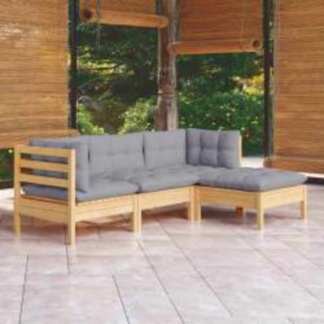 Salotto da giardino modulare in legno massello di pino con cuscini grigi, set da 4 pezzi - PANGIVO (1/5)