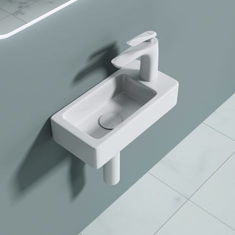 doporro® Lavabo sobre encimera en blanco de cerámica, diseño Brüssel3053 (Izquierdo) 37,5 cm de ancho con nano revestimiento de fácil limpieza (1/5)