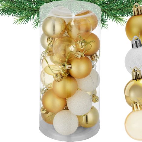 Lot 24 boules de Noël mate brillant/pailleté blanc/doré polypropylène (1/5)