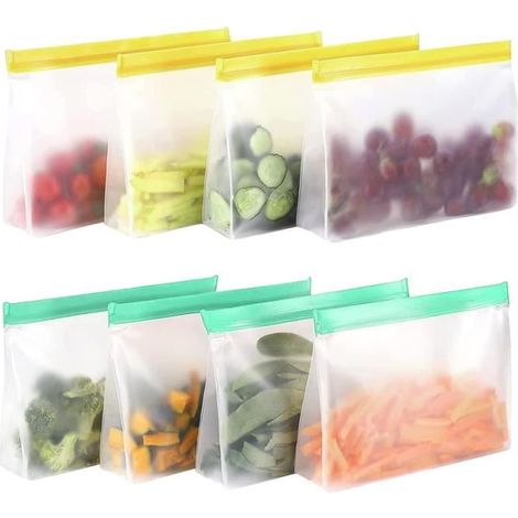 Sacs en silicone réutilisables - Lot de 8 - PEVA - Imperméables - Biodégradables - Écologiques (1/4)