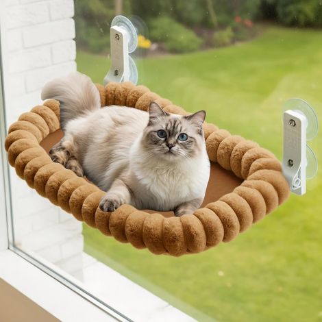1 - Hamac Chat Fenetre - Lit Suspendu Pliable - Support 18kg avec Ventouses - Pour Gros Chats et Siestes - Marron - 52x30cm (1/5)