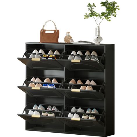 Schuhschrank mit 6 Klappen und Offenen Ablagen, Schlankes Design, aus MDF, 118×25×115 cm, Schwarz (1/5)
