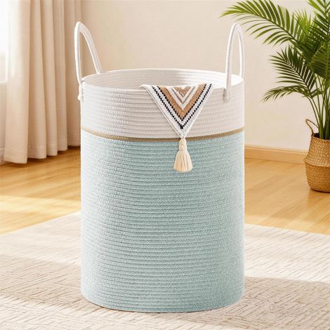 Panier à linge tressé 72L, grand panier de rangement rond en coton avec poignées, vert clair (1/5)