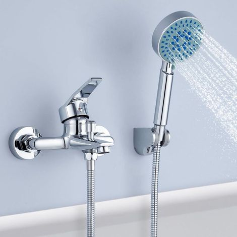 Robinet Baignoire avec Douchette 5 Jets, Mitigeur Douche Mural avec 1,5m Flexible et Support, Robinetterie de Bain Monocommande Mural en Laiton pour Salle de Bain (1/5)