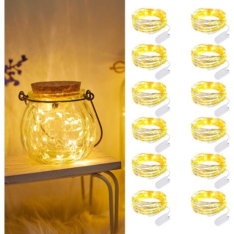 Lot de 12 Guirlande Lumineuse à piles, 2m 20 LEDs Guirlandes Lumineuses, Mini Guirlande LED à Pile étanche pour Bouteille, Mariage, Fête, Noël