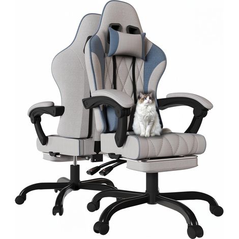 Chaise de Gaming en Tissu avec Repose-Pieds Extensible, Chaise de Bureau Ergonomique avec Massage, Hauteur réglable, Chaise Gamer avec Rembourrage à Ressorts, Capacité de Charge 150KG, Bleu (1/5)