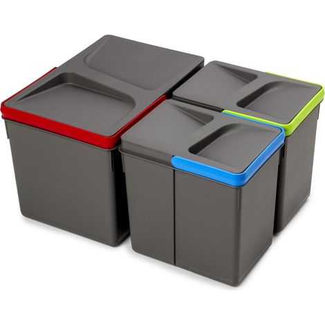 Emuca Kit de contenedores de reciclaje para cajón de cocina Recycle altura 216mm, 1x12litros, 2x6litros, Plástico gris antracita