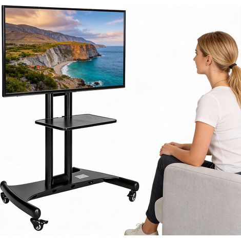Support TV mobile portable avec roulettes pour téléviseurs LED/LCD/OLED de 32 à 75 pouces, réglable en hauteur, support universel pour écrans plats incurvés avec étagère, charge maximale 45 kg (1/5)