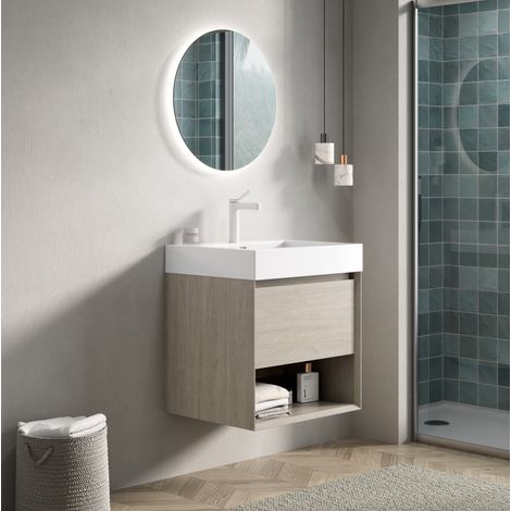 Meuble sous vasque de salle de bains en bois clair et résine blanche, avec vasque rectangulaire intégrée, 1 tiroir à fermeture douce et étagère ouverte – de FLORAGRACE (1/5)