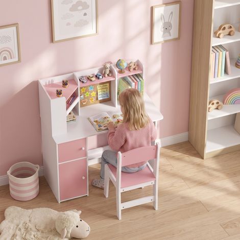 Bureau Enfant Chaise, Table Étude, Support Tablette Réglable, Porte-Stylos, 5-12 Ans, Rose (1/5)
