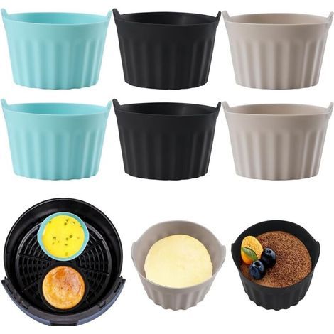 6PCS Moule Silicone Air Fryer,Plat Pour Friteuse Sans Huile,Coupe Moule,Moule Pour Gâteau Au Four,Moule à Tarte Aux Oeufs,Air friteuse Accessoires, Silicone Bakeware,Noir + gris+bleu (1/5)