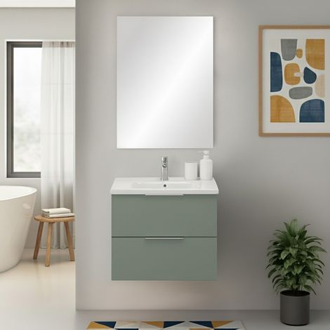 Mobile bagno sospeso 60cm verde opaco con cassetti lavabo e specchio Elva (1/5)