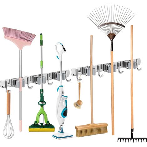 Porte balais mural en acier inoxydable – 3 emplacements et 4 crochets – Installation auto-adhésive ou par vis – Pour cuisine, garage, salle de bain (1/4)