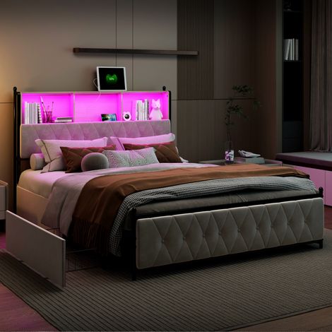Lit Double 160x200 avec Tiroirs, Lit 2 Place Rembourré avec Ports USB et Éclairage LED, Tete de Lit avec Rangement, Sommier à Lattes, Velours, Beige (1/5)