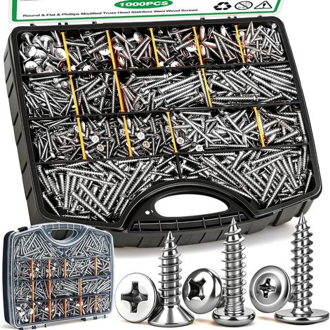 Coffret de 1200 Vis Autotaraudeuses en Acier Inoxydable 304, Vis Cruciformes à Tête Bombée et Tête Fraisée, Assortiment Multi-Tailles pour Bois, Plastique, Tôle Fine, Réparation et Bricolage, Kit de V (1/3)