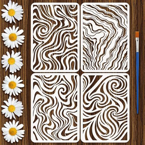 4Pcs Pochoirs Motif Marbre Avec 1 Pinceau 21x29.7cm 4 Styles Pochoirs Motifs Marbre Templates Grain de Marbres pour Peinture sur Bois Mur Meuble DIY Décoration Maison (1/5)