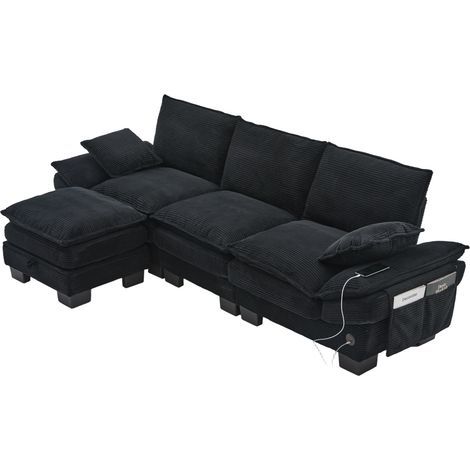 Canapé modulaire 3 places en velours côtelé avec pouf, design ergonomique, mousse haute densité, ports USB-C, noir (1/5)