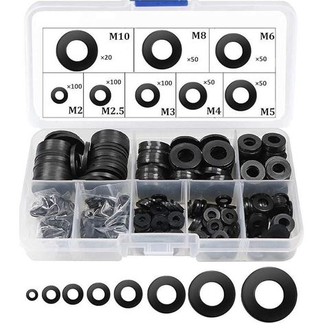 Rondelle Nylon Entretoise Plastique M2 M2.5 M3 M4 M5 M6 M8 M10 Ronde de Rondelle Plate 520 Pièces(Noir) (1/4)