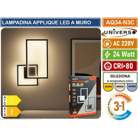 UNIVERSO AQ34-N3C APPLIQUE LED A MURO NERA 24W FORMA GEOMETRICA RETTANGOLARE CON SWITCH CCT PER SELEZIONE LUCE 3000K/4000K/6500K (1/5)