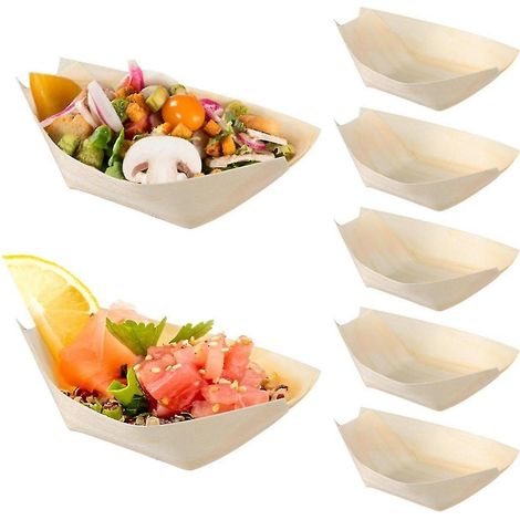 150 pièces de barquettes à sushis jetables, assiettes à apéritif, plateaux en bois, assiettes plates en bois, kits pour soirée sushis et sashimis (1/5)