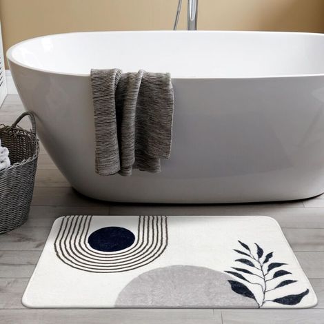 Tapis de bain style bohème, 50 x 75 cm, antidérapant, en microfibre douce et absorbante, coloris noir et blanc. (1/5)