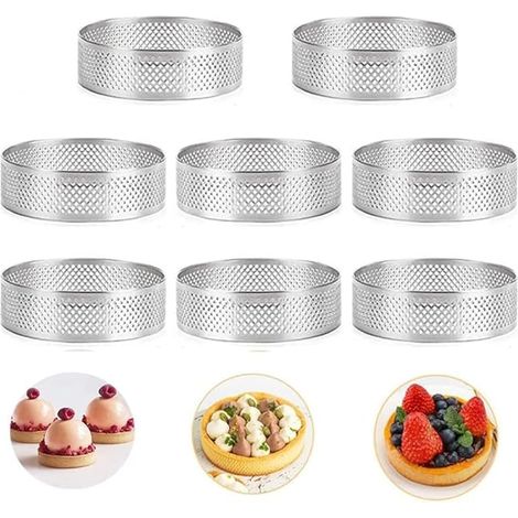 Cake Rings Set of 8 Stainless Steel Heat Resistant Perforated Mousse Ring Double Roll Round Cake Ring Metal Mould 10cm (1/5)