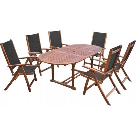 Table ovale extensible et 6 chaises de jardin acacia foncé et tissu noir Noiro (1/5)