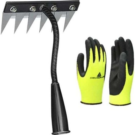 Unkrautrechen mit 6 Zinken und Gummihandschuhen, Unkrautstecher mit Griff, robuster Metall-Gartenrechen, Rechen zum Jäten, Auflockern des Bodens und Säen - Crezuo