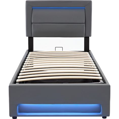 Lit capitonné 90 x 190 cm, avec port USB (prend en charge la recharge sans fil et filaire), éclairage LED et espace de rangement, sans matelas, motif litchi en PU, gris (1/5)