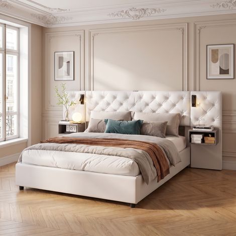 Lit coffre 160x200 cm avec liseuse, recharge USB, Capitonné en velours, deux tiroirs de chevet, rangement hydraulique, sommier à lattes, Beige (1/5)