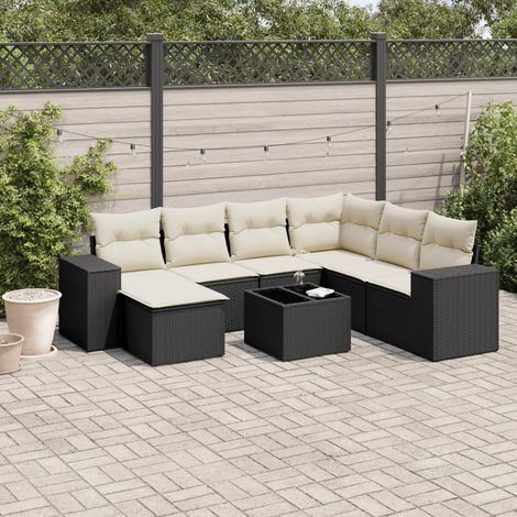 Ensemble Salon Jardin 8 Places Noir Résine Tressée avec Coussins Crème - Table Verre Trempé, Mobilier Extérieur Modulaire (1/5)