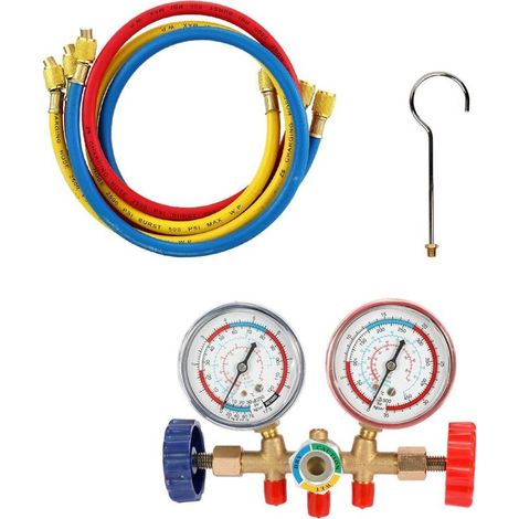 Manomètres de 80 cm pour systèmes de climatisation R12, R22, R404A et R134A, kit de manomètres avec raccords rapides, adaptateur pour l'entretien des systèmes de climatisation automobile. (1/5)
