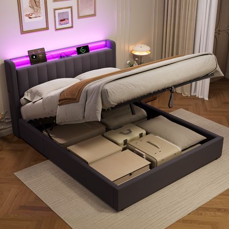 Estructura de cama 160 x 200 cm con recubrimiento de terciopelo, espacio de almacenamiento oculto, puertos USB y luz ambiental (1/5)