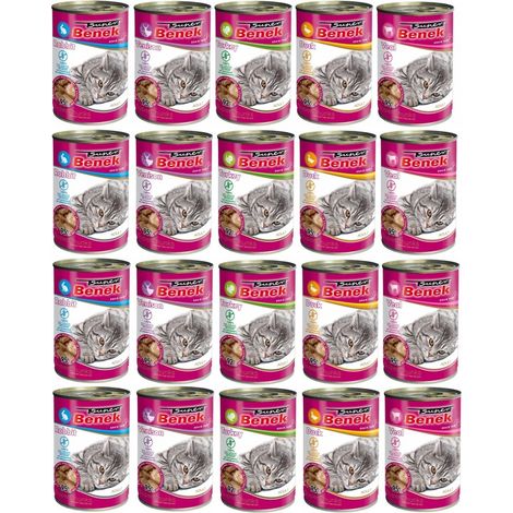 Benek Getreidefreies Nassfutter für Katzen, Mischung, 20 x 415 g Dosen, 92 % Fleisch