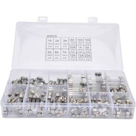 Kit d'assortiment de tubes à soufflage rapide pour voiture, boîte à fusibles en verre, 250 pièces, 15 types de spécifications, 1 à 20A, 250V