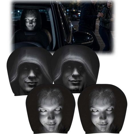 Copri poggiatesta per auto, set da 4 pezzi, copri poggiatesta universali con motivo di Halloween, con stampa "Faccia di fantasma" e "Uomo spaventoso con cappello", a doppio strato (1/5)