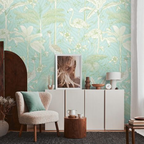 Fotomural Profhome 392061 papel pintado vinílico estampado en caliente tejido non tejido liso con dibujo de animales mate turquesa blanco verde 1,59 m x 2,8 m