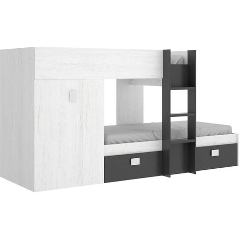 Dmora - Kinderbett Cevedale, Komplettes Schlafzimmer mit Kleiderschrank und Schubladen, Etagenbettkomposition mit zwei Einzelbetten, 271x111h150 cm, Weiß und Anthrazit