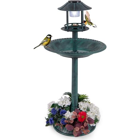 COSTWAY Mangiatoia Decorativa per Uccelli, Casetta per Uccellini da Esterno con Base per Fioriera, Lampada Solare, Decorazione Vintage da Giardino e Cortile (Verde) (1/5)