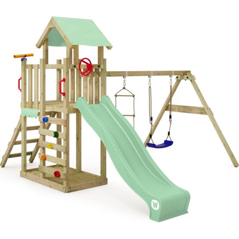 Wickey MultiFlyer Light wooden play tower with swing and slide for toddlers in light green