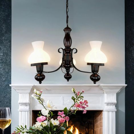 Lustre Ø 50 cm E27 Blanc Marron Verre Métal Rustique Lustre - Noir, marron, blanc (1/5)